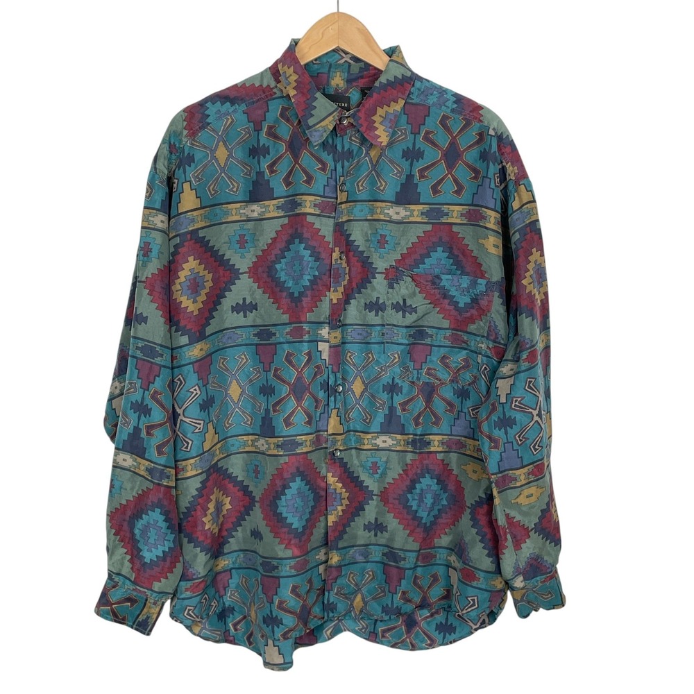 Vintage Structure 100% Silk Aztec Print Shirt Mens XL Southwestern 90s Cowboy